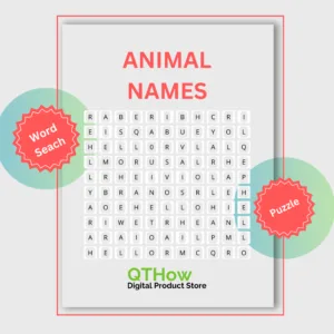 Animal Names Word Search. qthow digital product store.