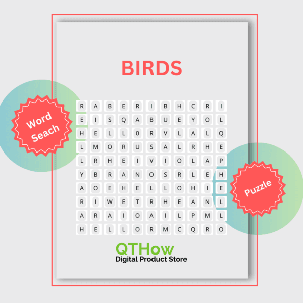 Bird word search puzzle. qthow digital product store.