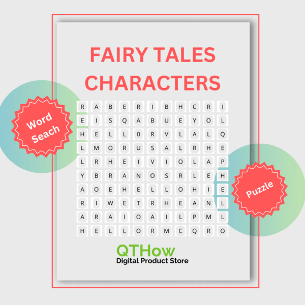 Fairy Tale Characters Word Search. qthow digital product store.