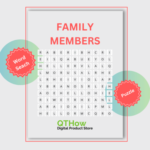 Family Members Word Search. qthow digital product store.