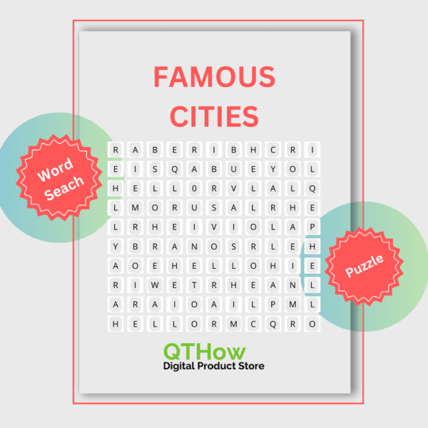 Famous Cities Word Search. qthow digital product store.