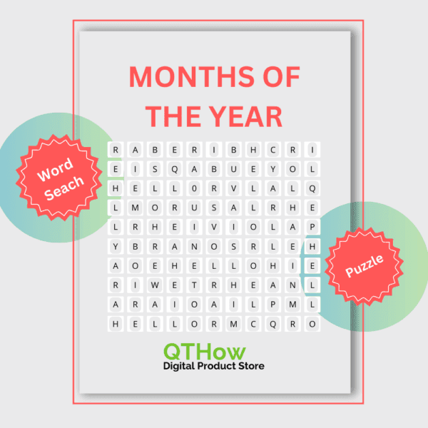 Months of the Year Word Search. qthow digital product store.