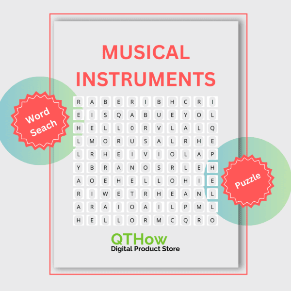 Musical Instruments Word Search. qthow digital product store.