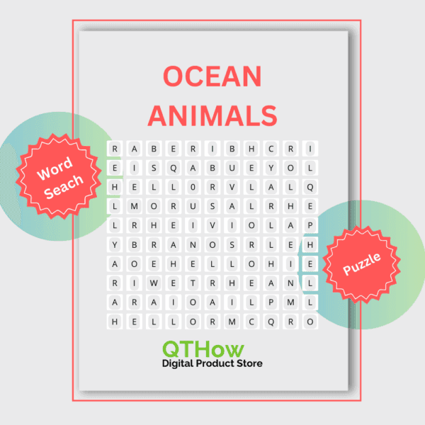 Ocean Animals Word Search. qthow digital product store.