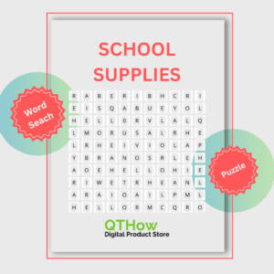School Supplies Word Search. qthow digital product store.