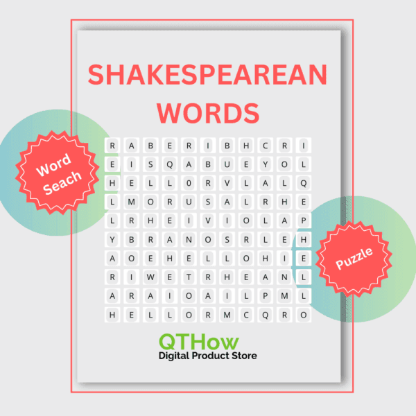 Shakespearean Words search. qthow digital product store.