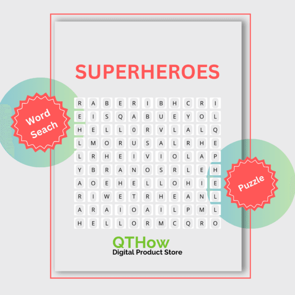 Superheroes Word Search. qthow digital product store.