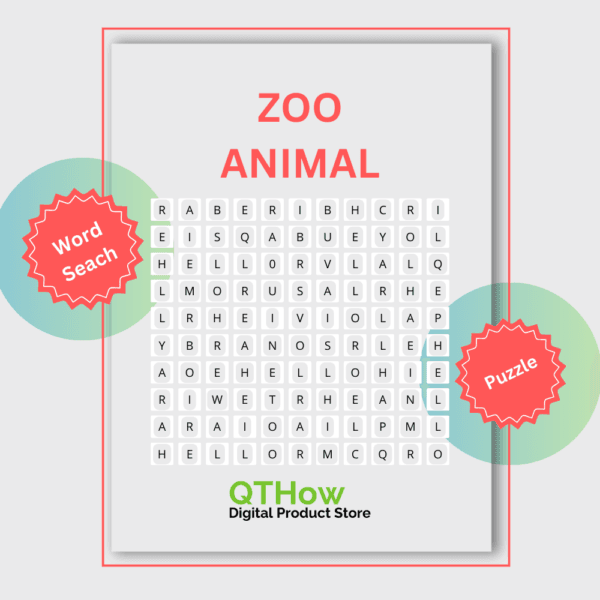 Zoo Animals Word Search. qthow digital product store.